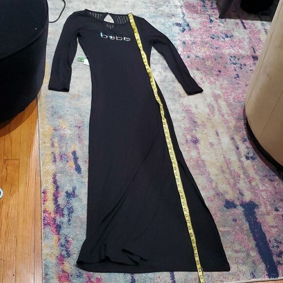 New Bebe Black Maxi Dress with Swarovski Crystals, Sheer Stripes & Side Slit - Picture 10 of 16